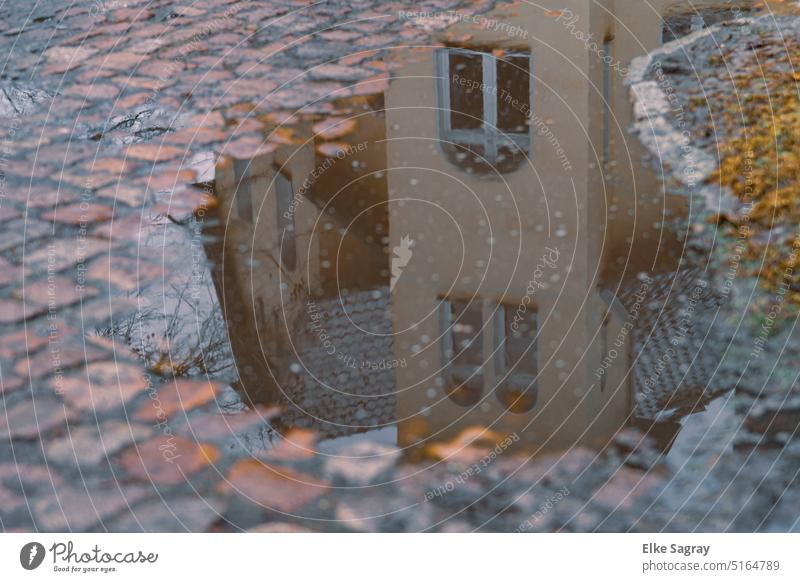 Puddle romance ... in cobblestone - puddle Water Reflection Cobblestones Exterior shot Deserted Colour photo Water reflection Surface of water Lanes & trails