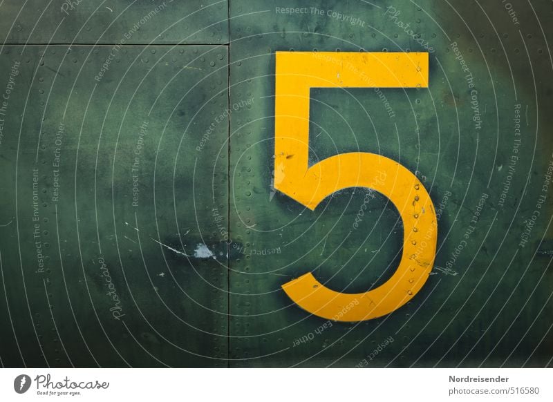 Five! Sit down! Machinery Technology Aviation Metal Sign Digits and numbers Dark Yellow Green Design Identity Arrangement Stagnating 5 Surface structure