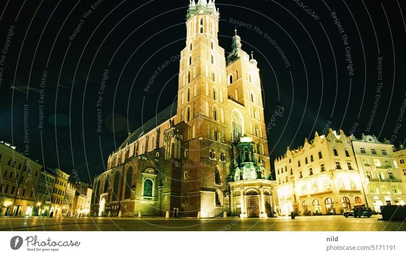 In urban space - Krakow by night Architecture Building Exterior shot Structures and shapes Deserted upstairs Analogue photo Kodak Poland Church