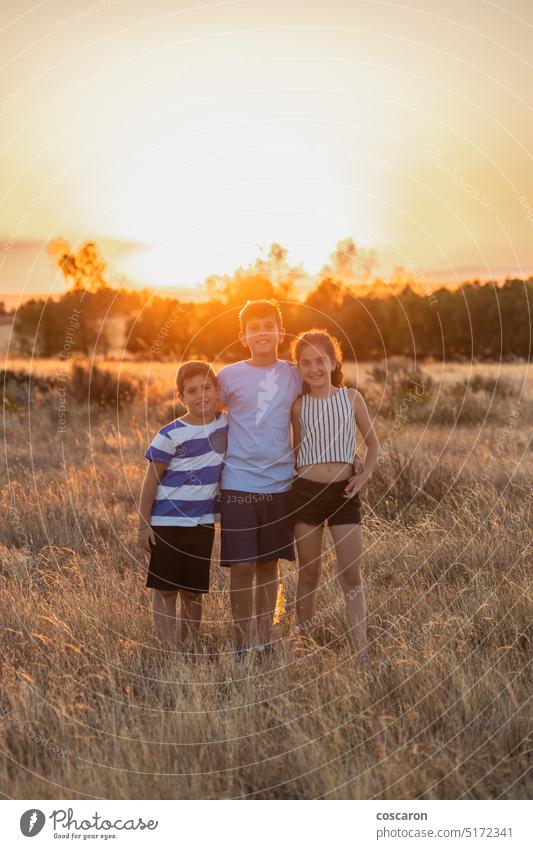 Three little friends in a field in their summer vacation at sunset adventure beautiful boy carefree child childhood children country country road countryside