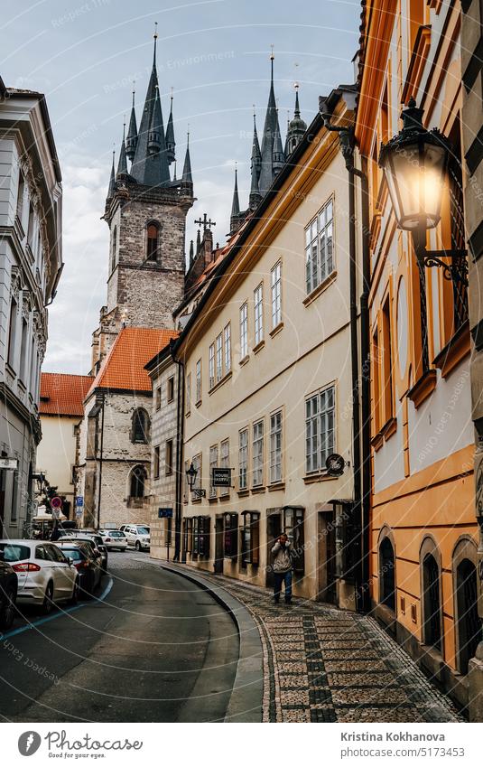 Prague, Czech - November 2023. Old european city street in autumn. Cozy exterior architecture building old prague capital house tourism town cityscape czech