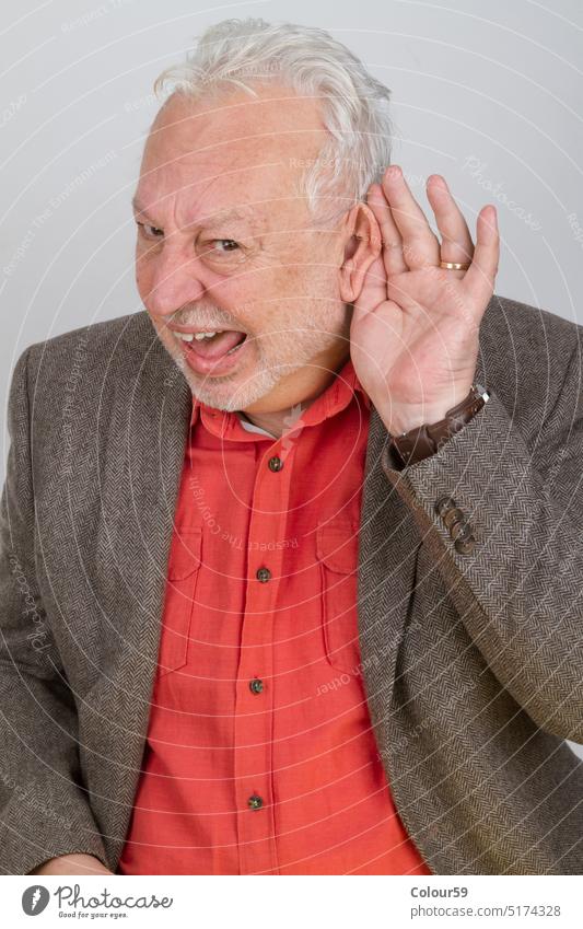 Bad hearing senior loss hard old deaf man older difficulty elderly people listen portrait deafness male impaired retired pensioner background white person aging