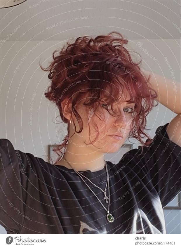 Portrait of a young woman with red curls red hair Woman hairstyle Hair and hairstyles Black Jewellery Chain blue eyes Blue Curl Red portrait Feminine