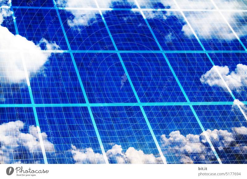 Image Disturbance l Solar cells with cloud reflection. Image disturbance l Blue solar cell with sun reflection. Sustainable energy saving with solar energy, solar system, solar cells. Solar panel, photovoltaic system, solar power system. Energy transition & use of sunlight.