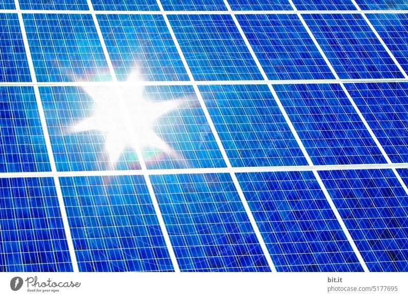 Image disturbance l Blue solar cell with sun reflection. Sustainable energy saving with solar energy, solar system, solar cells. Solar module, photovoltaic system, solar power system. Energy transition & use of sunlight. Green energy. Future, environmental protection, climate change.