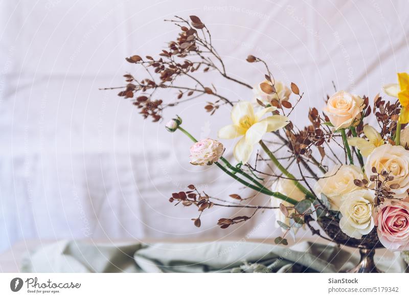 Still life with a beautiful bouquet of flowers table vase wedding decoration white background interior arrangement dinner romantic pink rose design floral event