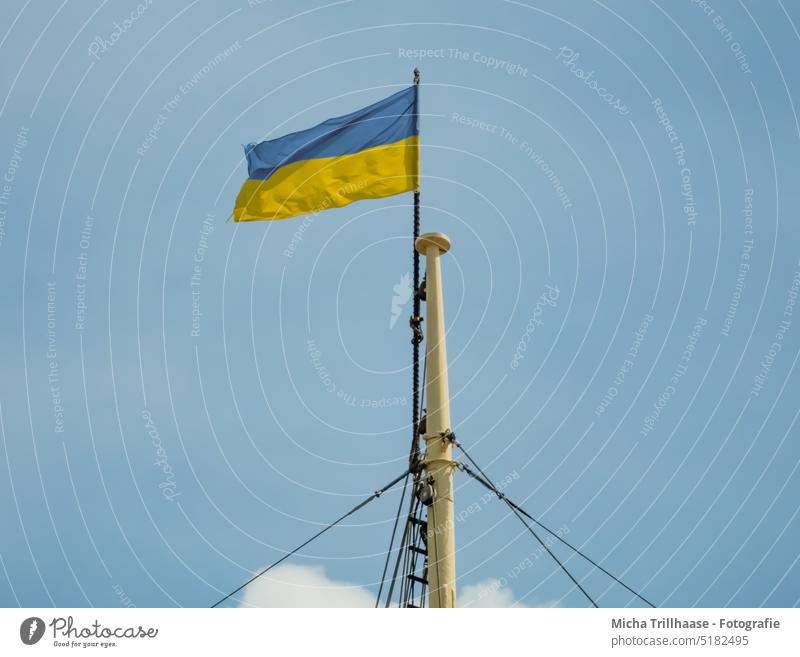 Ukrainian national flag flying in the wind Ukraine Ensign Flag Flagpole flagpole Blow Judder Sky Sun sunshine symbol flag of the country Colour photo European