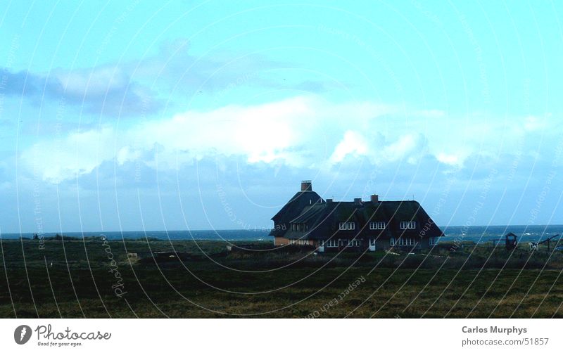There is a house... Clouds Turquoise House (Residential Structure) Ocean Sylt Calm November Autumn Sky Reet roof Meadow Blue Beach dune Freedom cloud heaven sea