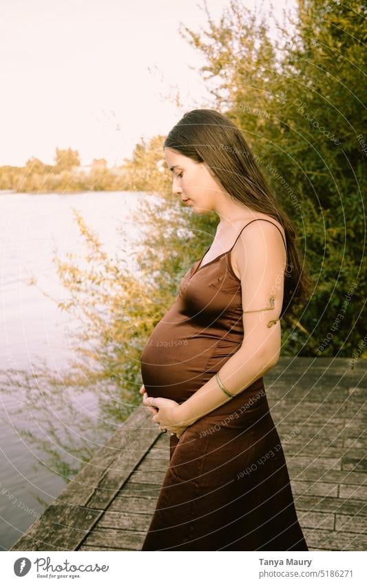 portrait of a young pregnant woman in a brown dress by the river in summertime Mother Woman Pregnant maternal Abdomen Stomach Parents pretty parenthood Life
