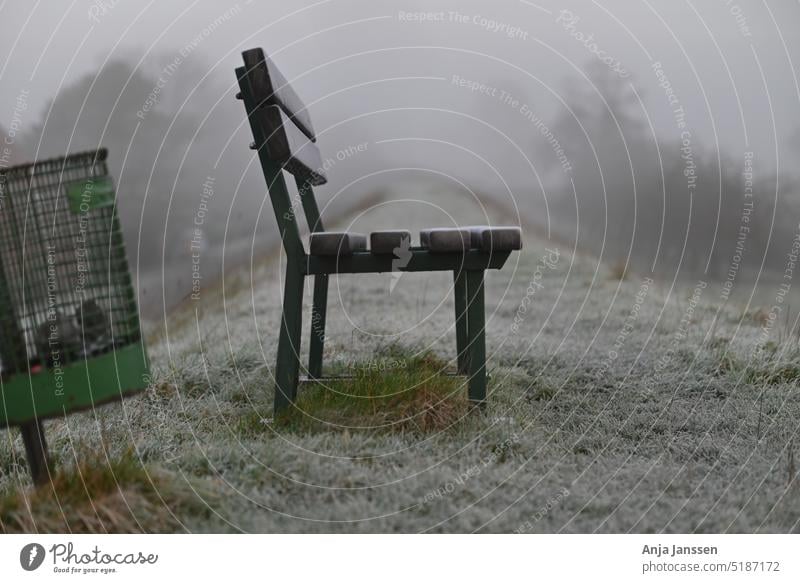 Parkbench and a dustbin on a dike as a closeup hoarfrost parkbench paperbasket trashbin close up grass frozen winter morning fog foggy background outside nature