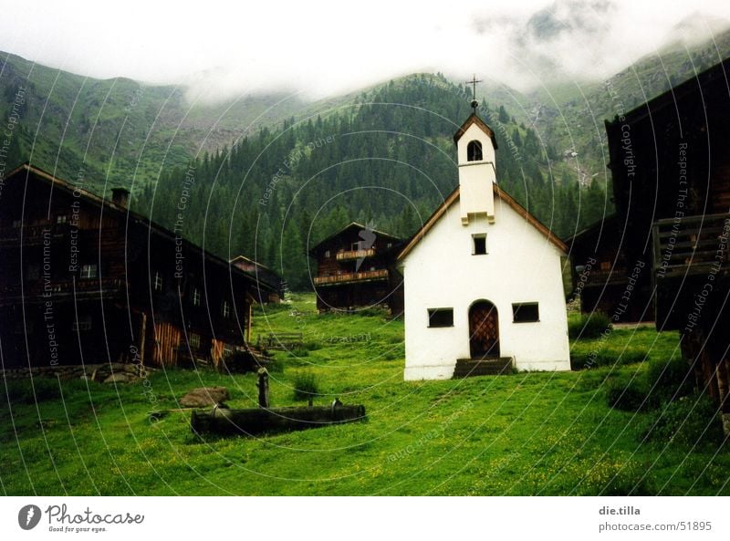 The place of purity Pure Alpine pasture Dark Fog Alpine hut House (Residential Structure) Green Meadow Slope Harrowing Hope White Brown Black Light