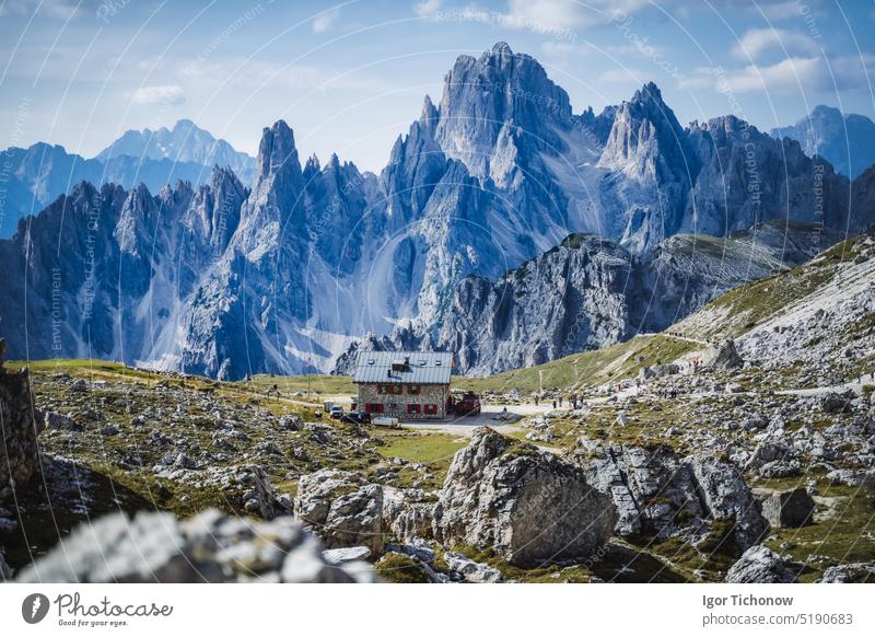 Rifugio Lavaredo with Cadini di Misurina mountain group in background. Dolomites at the Cime di Lavaredo, Italy lavaredo dolomites italy cime rifugio tourism