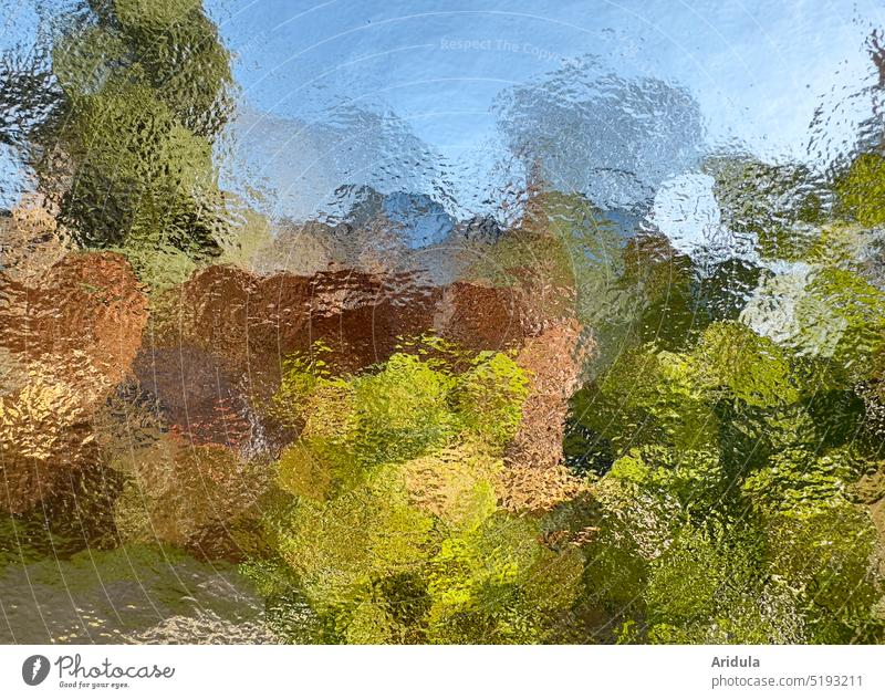 Filtered landscape | shot through a glass pane Landscape trees Sky Green Brown Sky blue Blue Glass Nature Pane hazy filtered Painting and drawing (object)