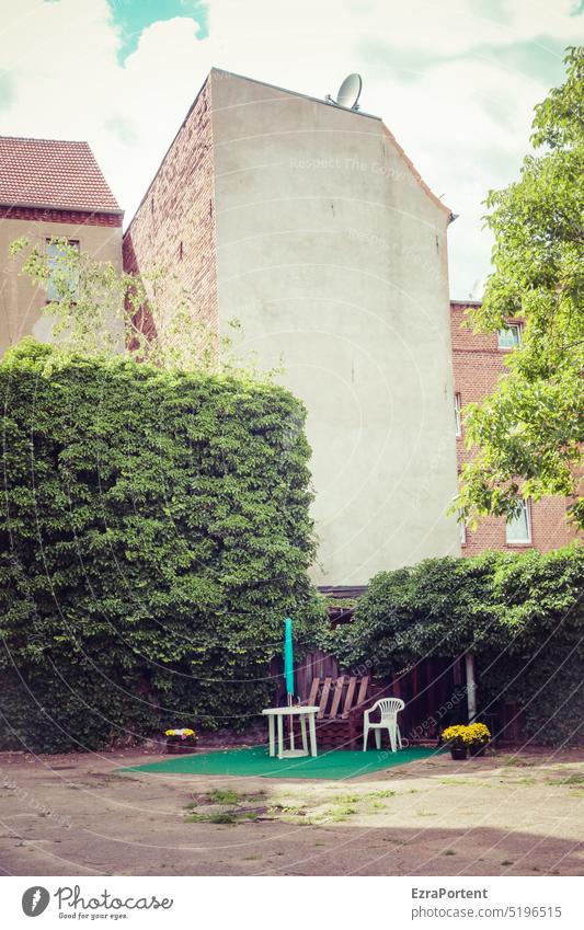 quiet place Courtyard Interior courtyard Town urban House (Residential Structure) Hedge Tree tranquillity Table Chair flowers rear building dwell Facade Summer