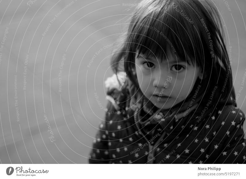 Portrait little girl Girl Child Infancy Exterior shot Parenting young girl Toddler portrait Black & white photo Cute Earnest Bangs Face external name