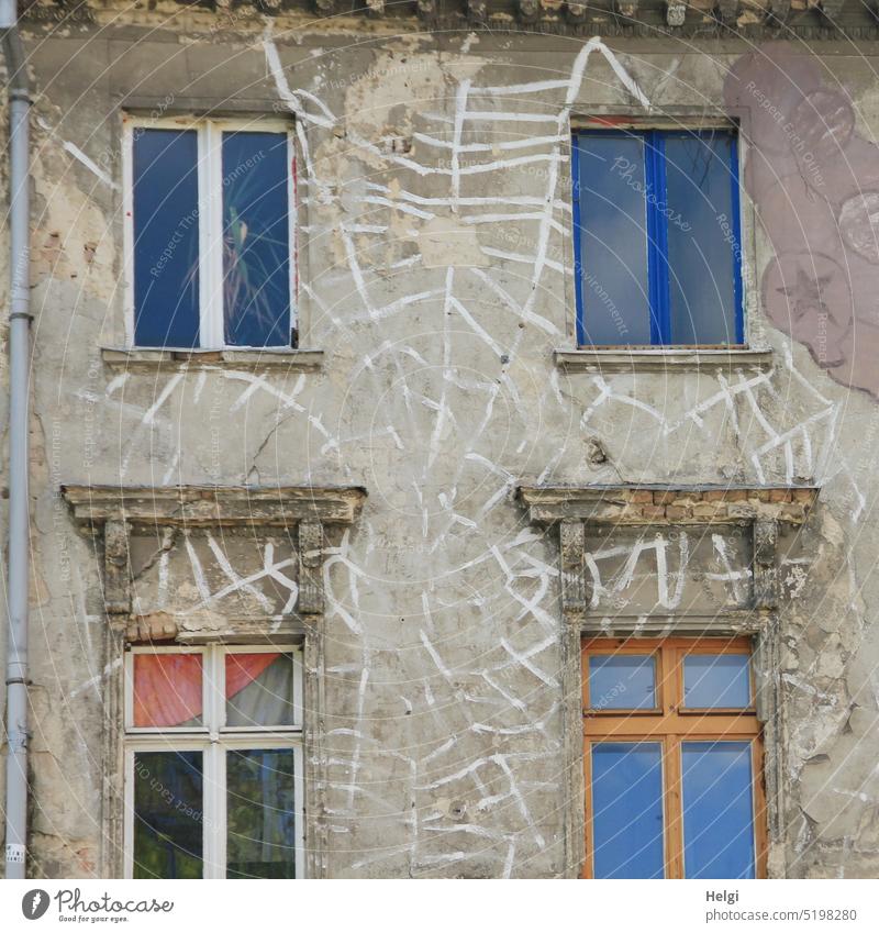 Part of a historical facade with old windows and spider web painting on the wall Facade Wall (building) masonry Window Old Historic Downspout Graffiti