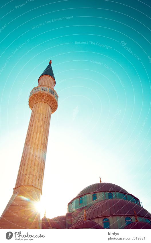 Mosque in the light Cloudless sky Sunlight Summer Beautiful weather Tower Minaret Tourist Attraction Esthetic Bright Tall Positive Point Warmth Yellow Turquoise