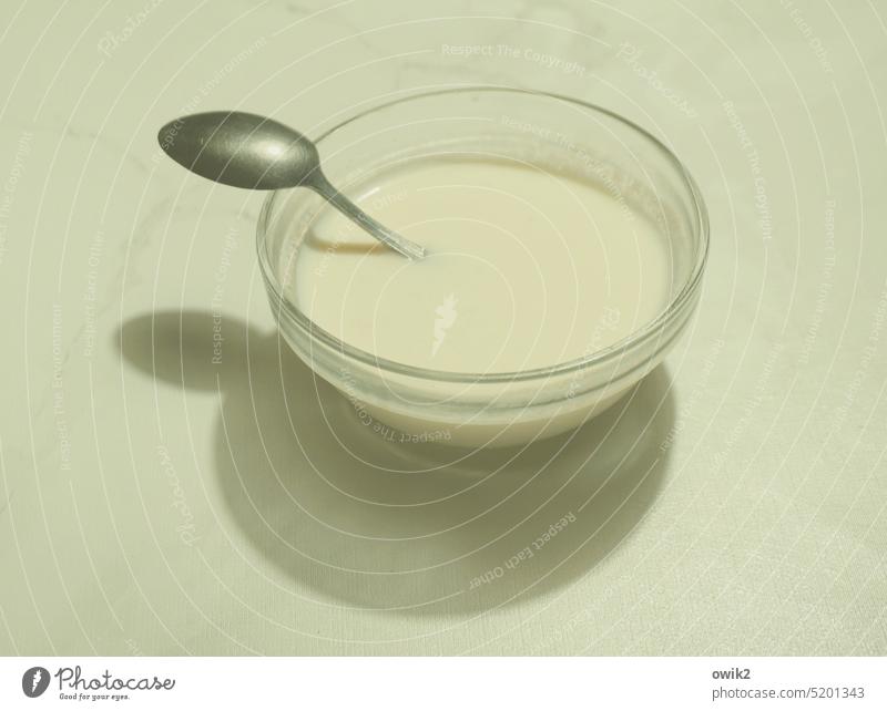 Get me out of here! bowl Dessert Semolina porridge Delicious Rice Semolina Glass Compote bowl Simple teaspoon Rescue Adversity Colour photo Food Deserted Table