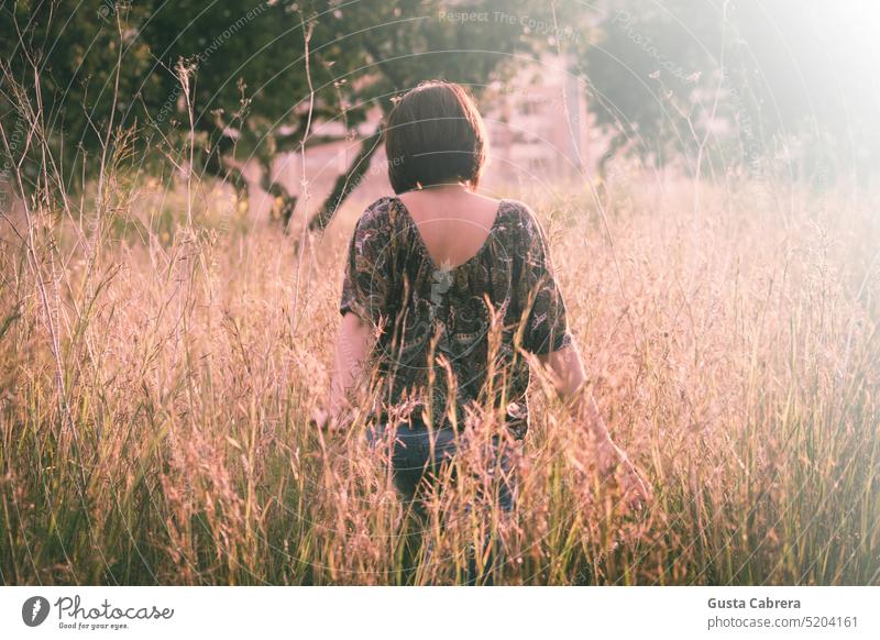 Woman walking through the grass, with sunlight falling to her right. Young woman Feminine Exterior shot Colour photo 18 - 30 years Central perspective Beautiful