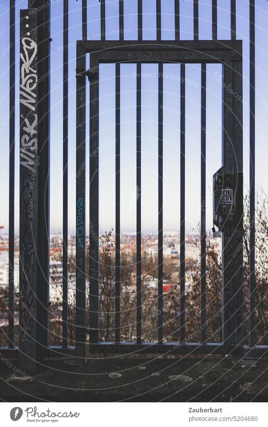 Door in a grid, behind it view of the city Grating Goal door Entrance Way out lock obstructed open Close Opportunities Vantage point locked Futile hopelessly