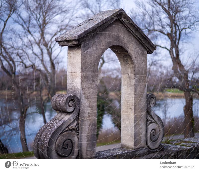 View of a small gate on a wall, behind it river landscape Goal Vista Portal Wall (barrier) Landscape Historic France trees River Arch Roof props pretty romantic