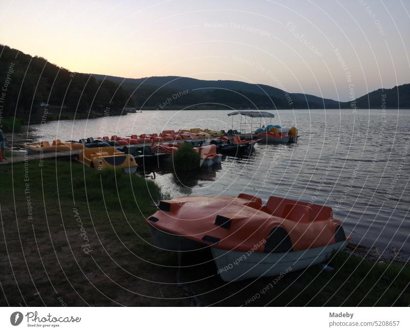 Old plastic pedal boats in yellow and orange on the shore and jetty in summer in the light of the setting sun at Poyrazlar Gölü near Adapazari in Sakarya province, Turkey