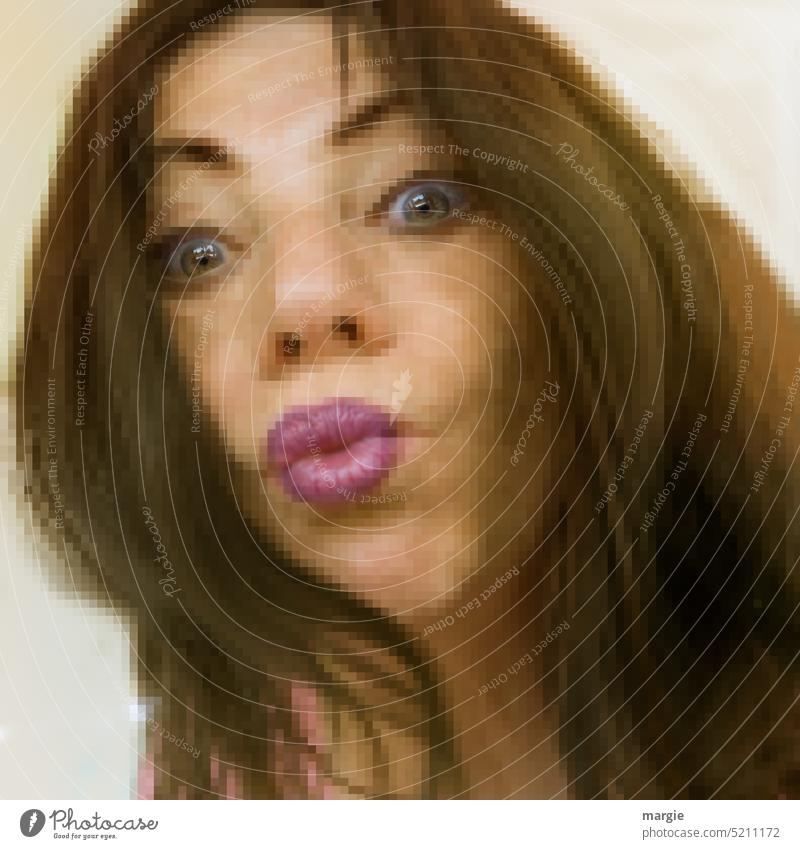 The face of a woman with kissing mouth pixelated Woman Face Pout Emotions Mouth Lips Feminine Adults portrait Human being pixels pixelart Youth (Young adults)