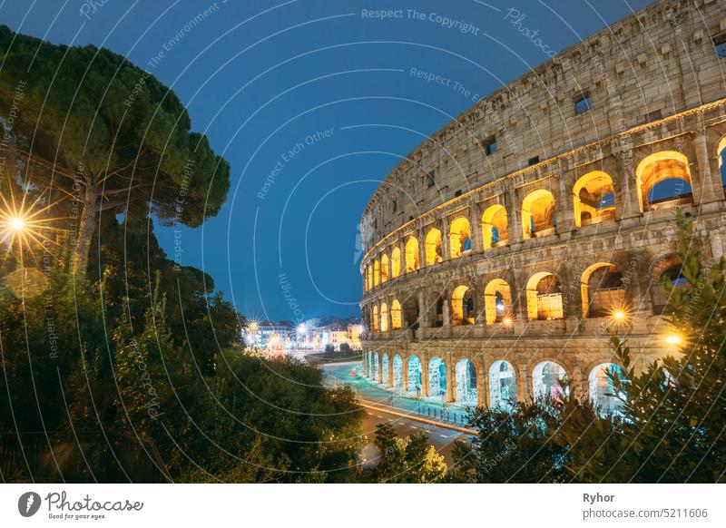 Rome, Italy. Colosseum Also Known As Flavian Amphitheatre In Evening Or Night Time. Roma old colosseum Coliseum heritage unesco landmark italy famous place
