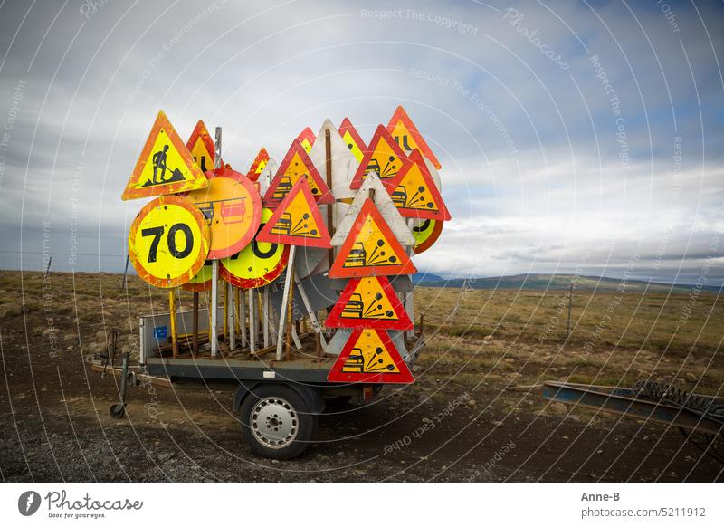 have fun on the gravel road...trailer with traffic signs mainly : Attention gravel Rental car Insurance Signs Trailer Safety Drive step Tourism Iceland esteem