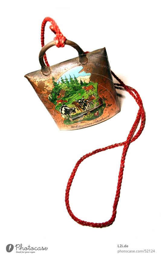 cowbell Cow bell Toys Souvenir Vacation & Travel Forest Meadow Alpine pasture Brown Red Green Copper String Harz Nature Sky Mountain Blue Old