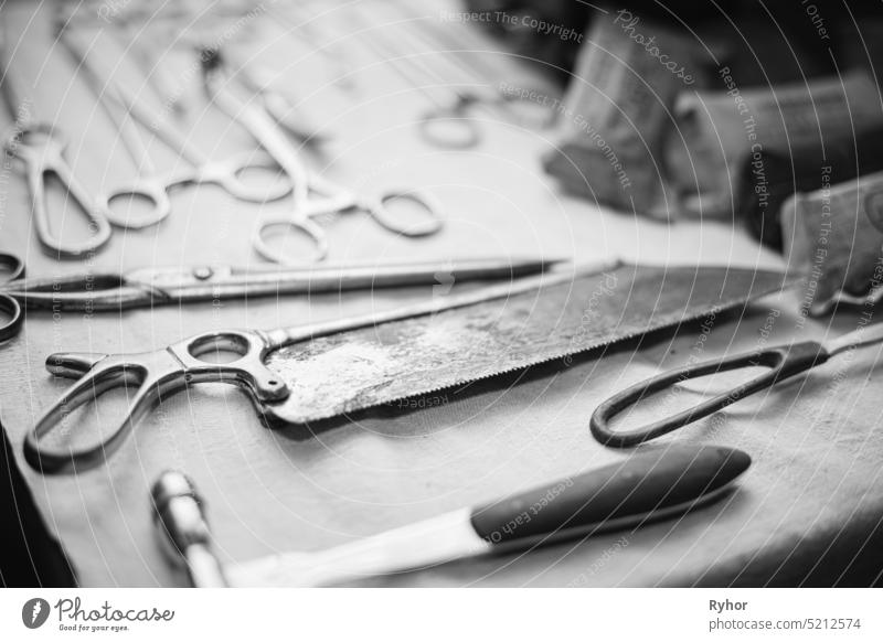 Old medical and surgical instruments. German Deutsch Wehrmacht World War II Times Many Old surgical instruments For surgery. WWII WW2. Black And White 1940s