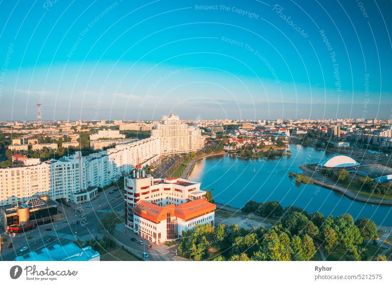 Minsk, Belarus. Elevated View Of Minsk Skyline In Sunny Summer Evening. Nemiga District In Sunset Time. Aerial View Of Cityscape Of Belarusian Capital. Nyamiha