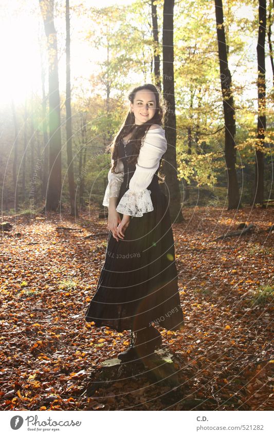 beautiful maiden in autumn forest Feminine 18 - 30 years Youth (Young adults) Adults Autumn Forest Dress Brunette Smiling Stand Happiness Beautiful Brown Green