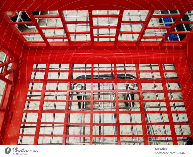Shopping cart detail - red and empty - in shopping cart Basket Red Metal Shopping Trolley Wanzl trolley Drinking in SHOPPING Supermarket Consumption