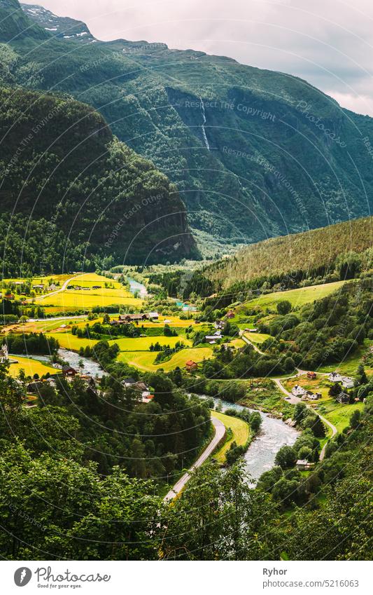 Fortun, Sogn Og Fjordane County, Norway. Beautiful Valley In Norwegian Rural Landscape. Jostedola River In Summer Day town agriculture beauty in nature county