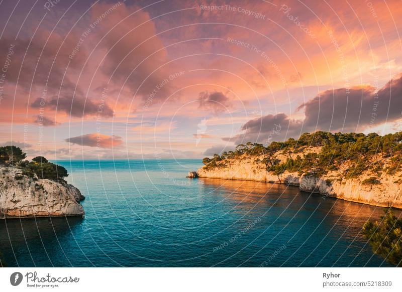 Cassis, Calanques, France. French Riviera. Beautiful Nature Of Cote De Azur On The Azure Coast Of France. Calanques - A Deep Bay Surrounded By High Cliffs. Altered Sunset Sunrise Sky. Elevated View. Calanques, Cote de Azur, France. Beautiful nature of C...