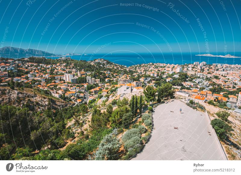 Marseille, France. Elevated View Of Cityscape. Residential Districts And Street Parking Under Sunny Summer Sky Marseilles architecture area building city