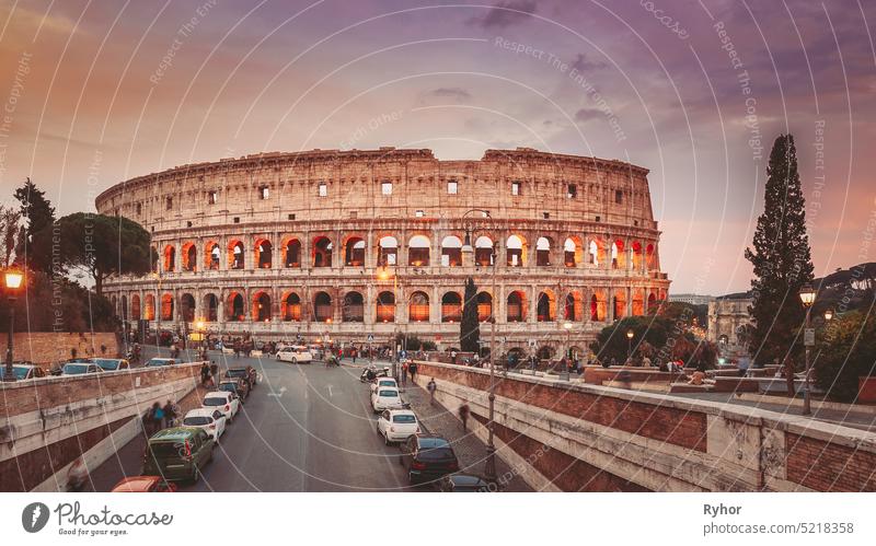 Rome, Italy. Colorful Sunset Sky Above Colosseum Also Known As Flavian Amphitheatre In Evening Time. Amphitheater Coliseum Roma ancient architecture arena