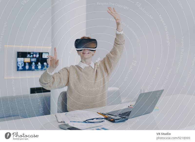 Student in VR headset. Virtual reality and simulation in education. Student of futuristic college. innovation office businesswoman device modern young digital