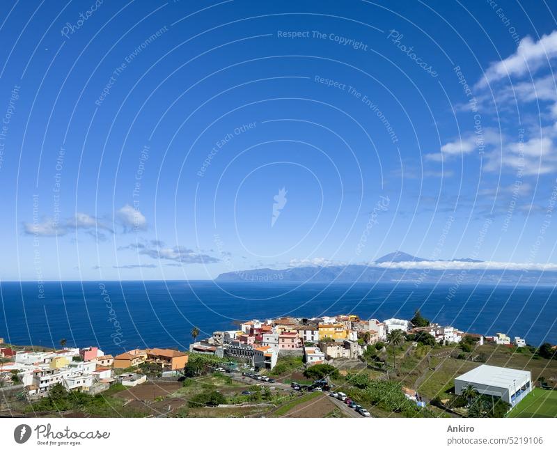 Beautiful little village of Agulo on La Gomera, on the horizon you can see the island of Tenerife agulo panorama spain canary islands seascape teide landscape