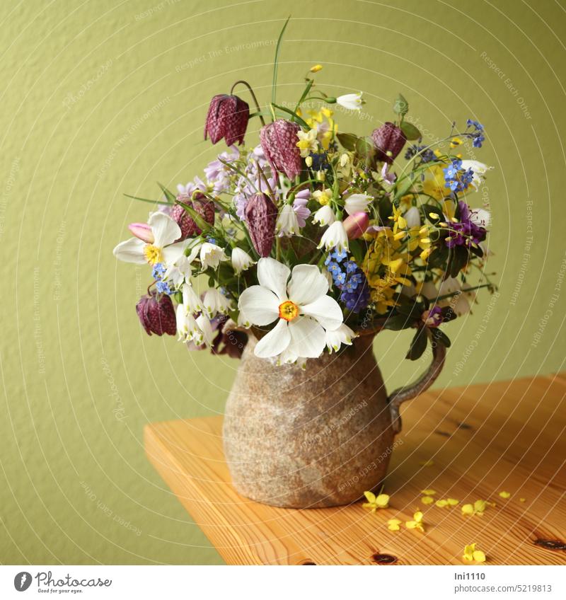 Bouquet from the garden flowers cut flowers side view Spring snowflake Mini tulips lady's smock Fairy flowers Poet's Daffodil Mini Daffodils chequered flowers