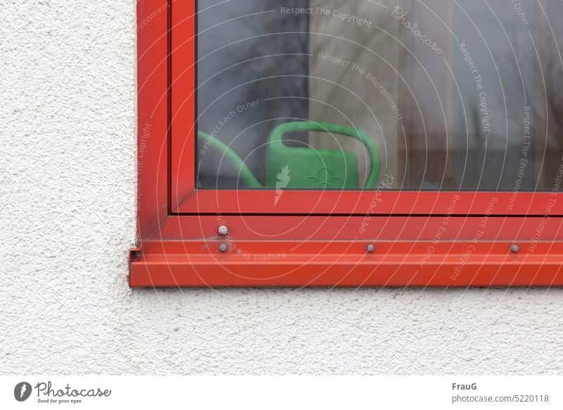 Green watering can in the red window House (Residential Structure) Building Wall (building) Facade Plaster Window Red Watering can Contrast Colour reflection