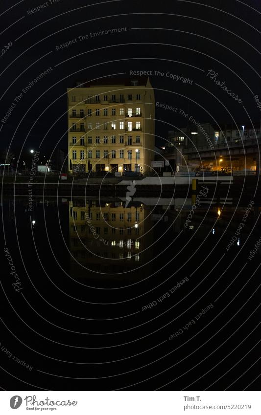 A lonely house at night on the Spree in Berlin Mitte Reflection Night Middle River Capital city Downtown Berlin Town Architecture Water Deserted Exterior shot