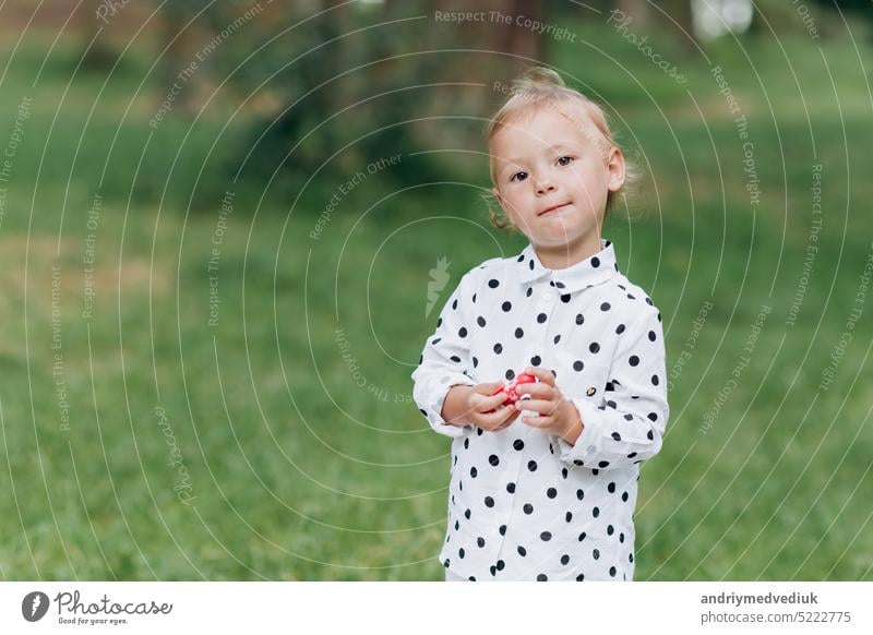 Cute little girl on the grass background in the park in summer day. happy summer holiday. selective focus child cute outdoor beautiful childhood portrait kid