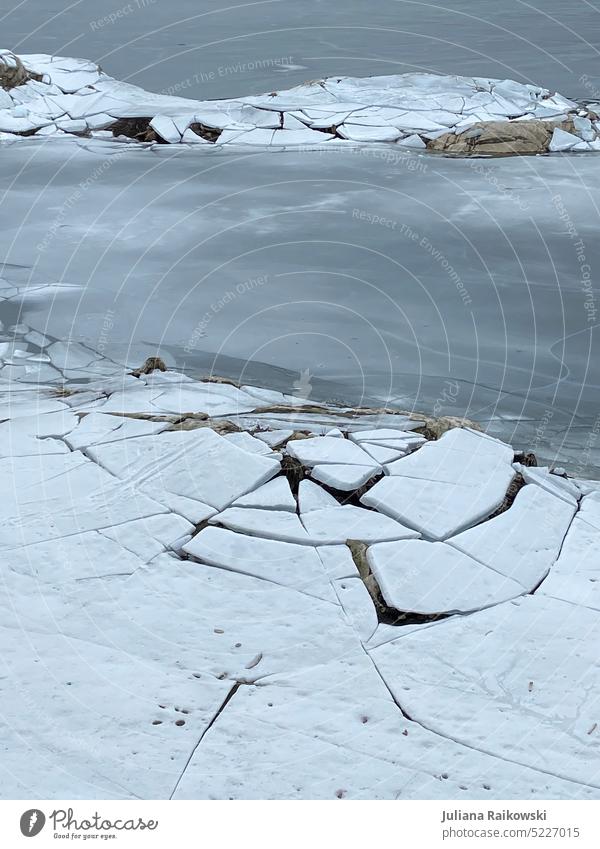 Cracks in the ice plate Cold Body of water Esthetic Environmental protection Calm Day naturally pretty Exterior shot River Lakeside Nature Blue Landscape