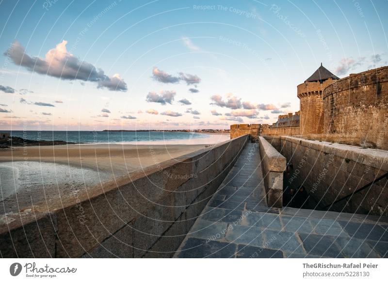 City wall with beach and clouds in background Wall (barrier) Town France travel Tourism Brittany evening mood Vacation & Travel Landscape Exterior shot Sky