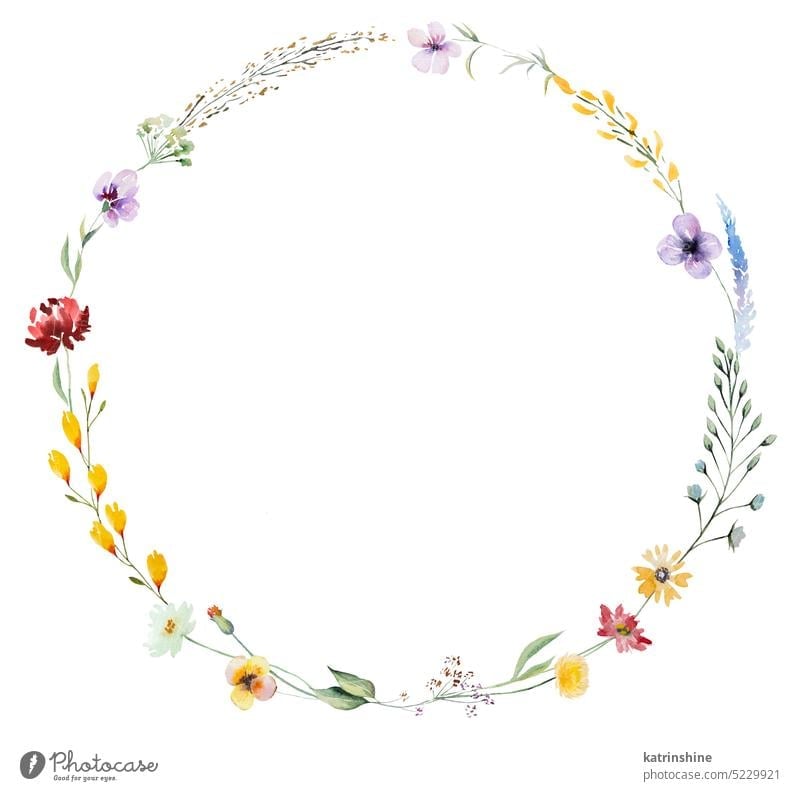 Round frame made of watercolor wild flowers and leaves, summer wedding and  greeting illustration - a Royalty Free Stock Photo from Photocase