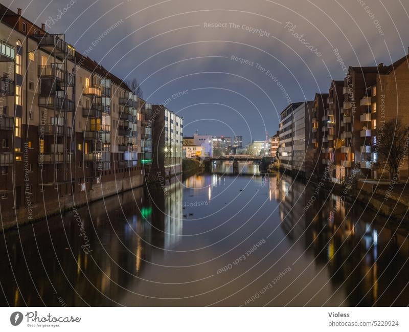 It gets dark at the south channel in Hamburg South Channel bille Night Dark Illuminated reflection rented apartment Balcony Water