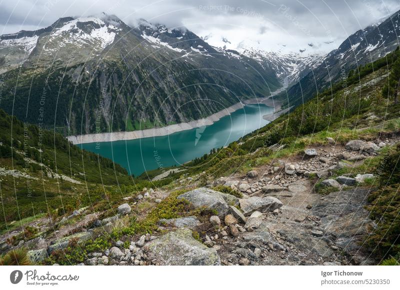 Schlegeis Stausee lake view from mountain hiking path trail. Zillertal, Austria, Europe zillertal schlegeis austria stausee beautiful tyrol trekking water