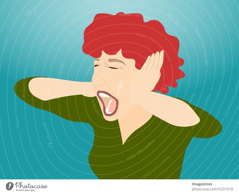 Der Schrei. Schreiende Frau mit roten Haaren, die sich ihre Ohren zuhält. Illustration schreiend Ohren zuhalten Jung emotional wütend verzweifelt Hände Mädchen